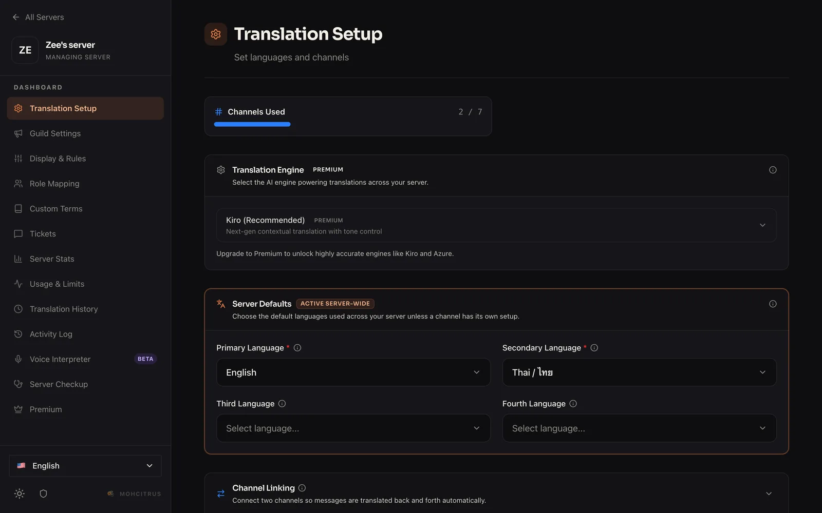 Translation Setup in the dashboard