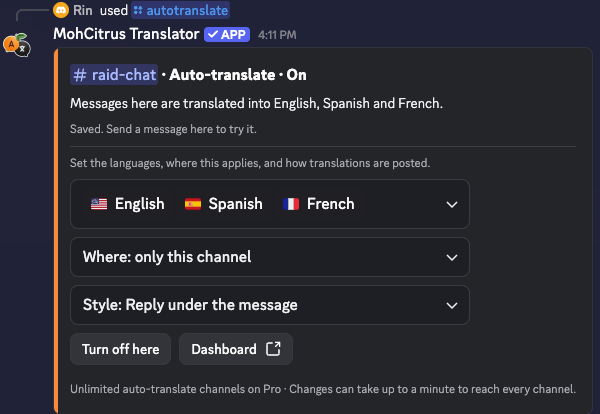 Das /autotranslate-Fenster mit Englisch, Spanisch und Französisch ausgewählt