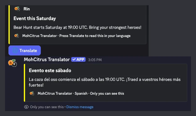 An announcement and its Spanish translation
