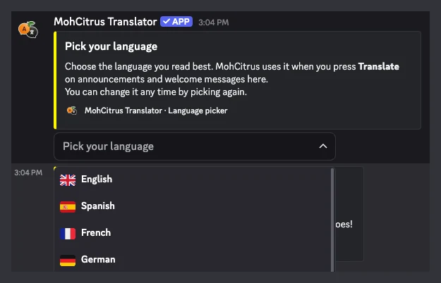 The language picker open in Discord