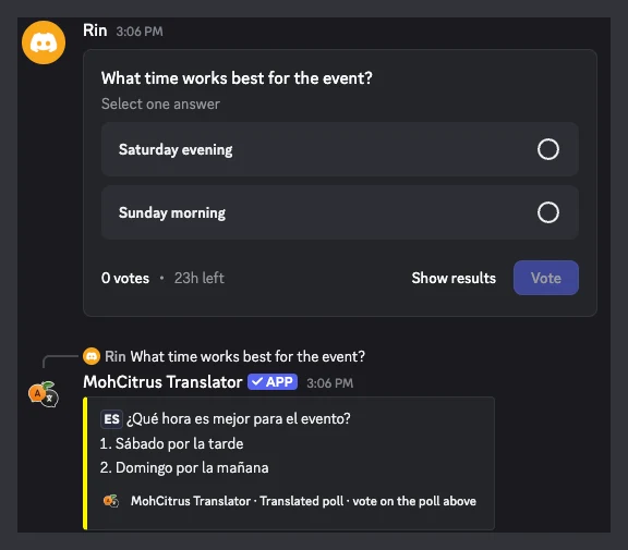 A Discord poll and the translated reply