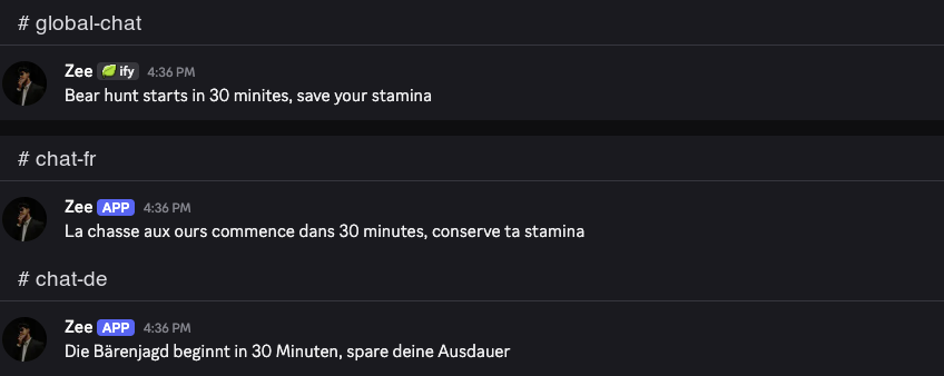 Eine Nachricht in #global-chat und ihre französische und deutsche Kopie