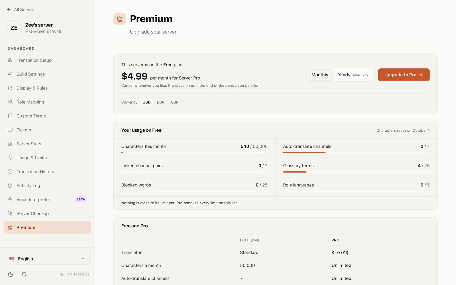 The Premium tab in the dashboard